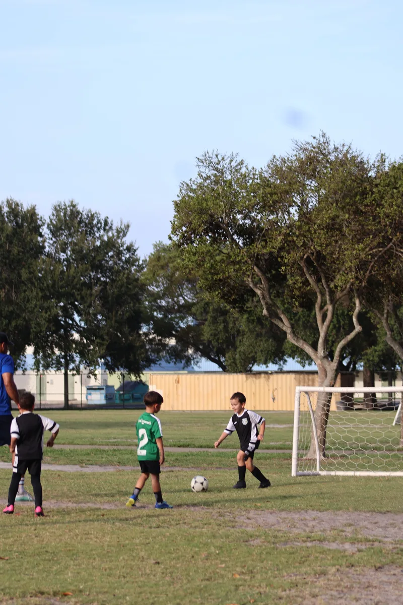 Young players spread out in front of the goal