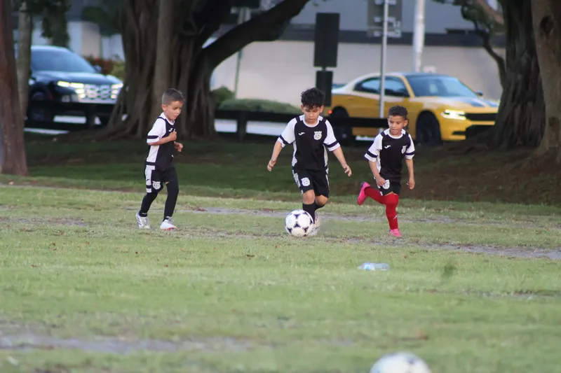 Three young players run after the ball under the trees
