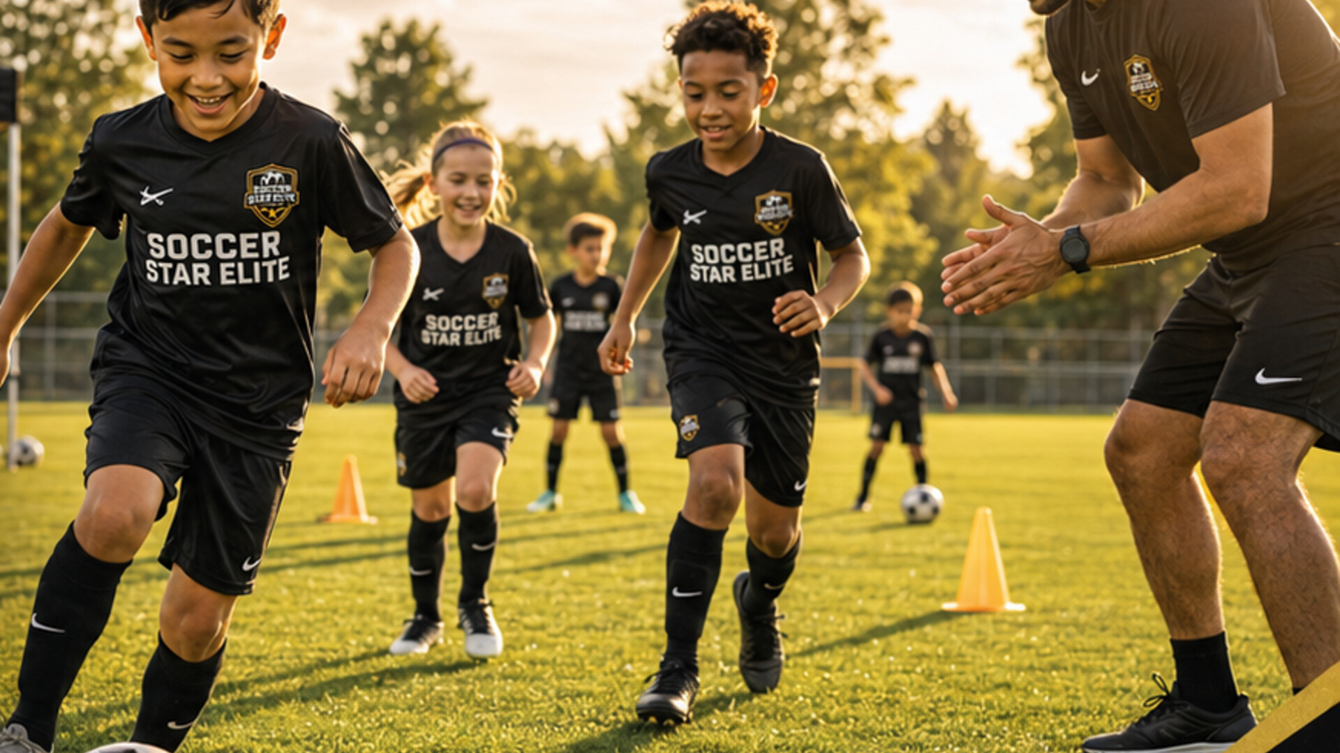 Soccer Star Elite players training in the black academy uniform